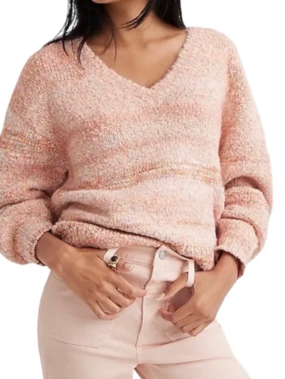 J. Crew Pink Space Dyed V Neck Sweater Puff Sleeve, Small